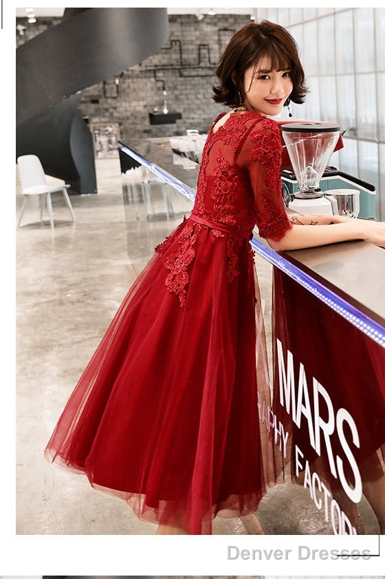 Wine Red Short Sleeves Lace And Tulle Lovely Homecoming Dress, Wine Red Prom Dress Party Dress