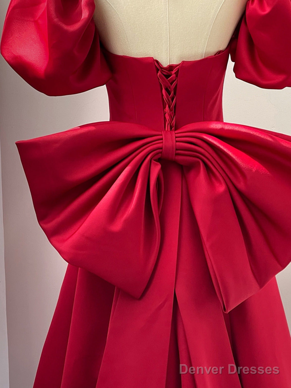 Wine Red Short Sleeves Satin A-line Party Dress, Wine Red Long Prom Dress with Bow Secondary image