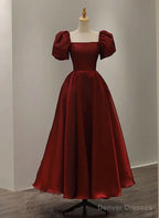 Wine Red Short Sleeves Tea Length Wedding Party Dress, Wine Red Prom Dress