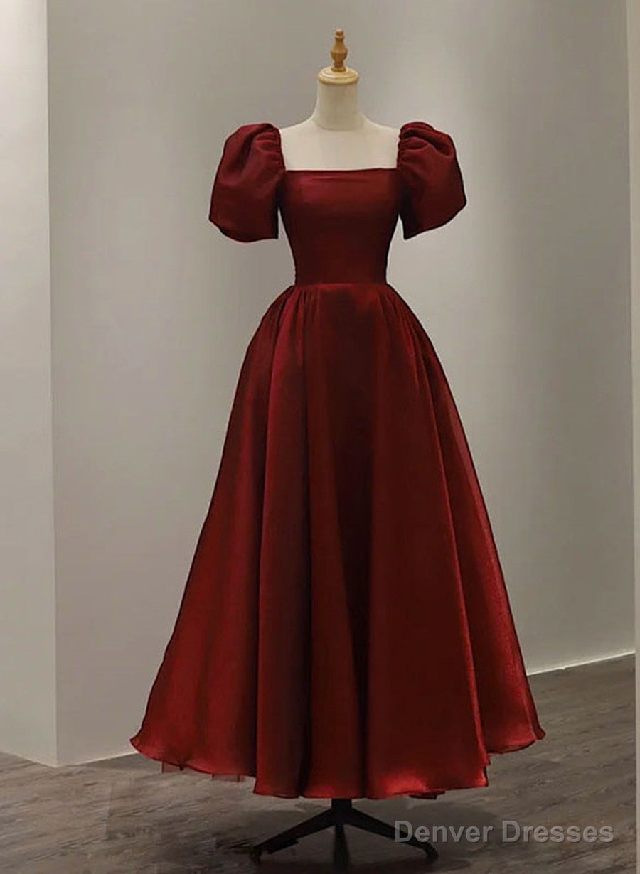 Wine Red Short Sleeves Tea Length Wedding Party Dress, Wine Red Prom Dress