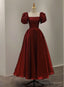 Wine Red Short Sleeves Tea Length Wedding Party Dress, Wine Red Prom Dress