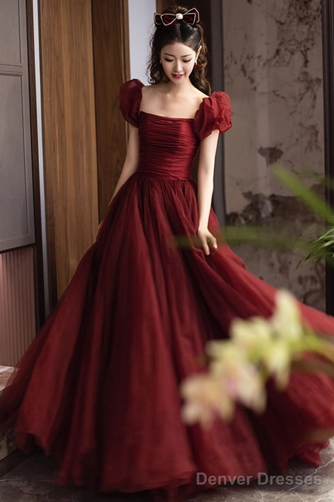 Wine Red Short Sleeves Tulle Long Party Dress, Wine Red A-Line Floor Length Prom Dress Secondary image