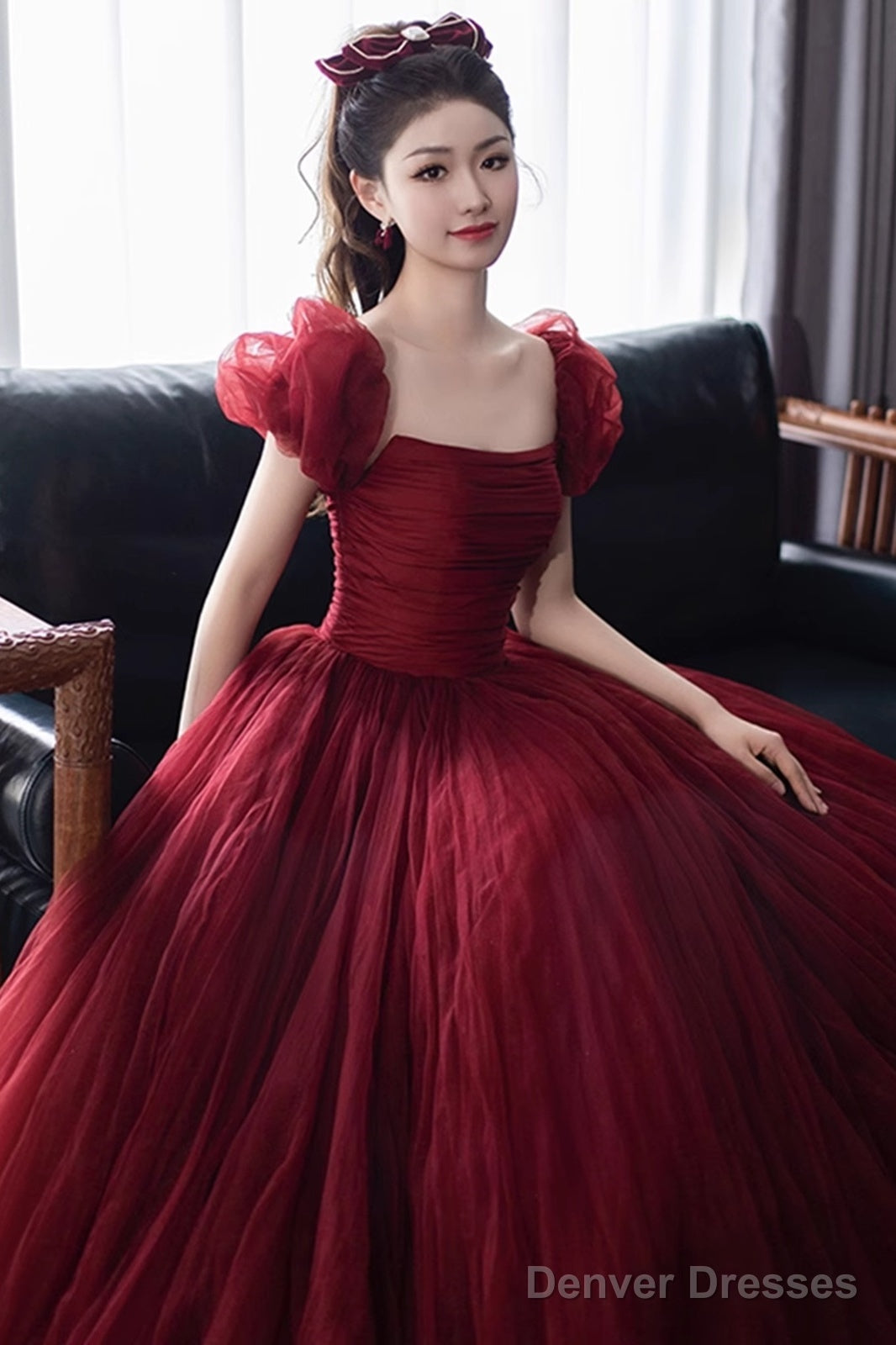 Wine Red Short Sleeves Tulle Long Party Dress, Wine Red A-Line Floor Length Prom Dress