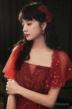 Wine Red Short Sleeves Tulle With Lace Long Party Dress, Wine Red Prom Dress