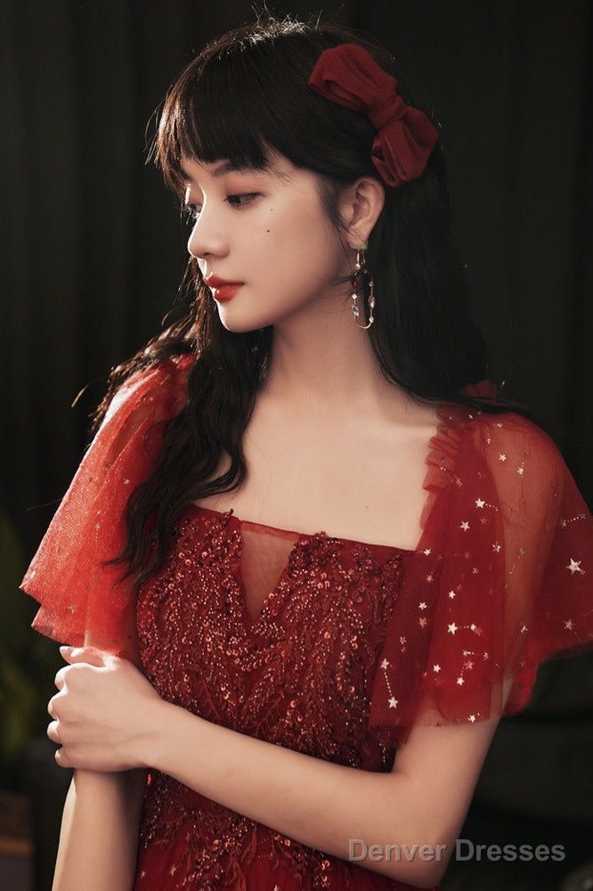 Wine Red Short Sleeves Tulle With Lace Long Party Dress, Wine Red Prom Dress