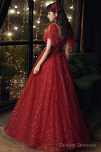 Wine Red Short Sleeves Tulle With Lace Long Party Dress, Wine Red Prom Dress