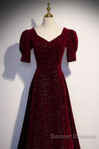 Wine Red Short Sleeves Velvet Long Formal Dress, Wine Red Evening Dress Prom Dress