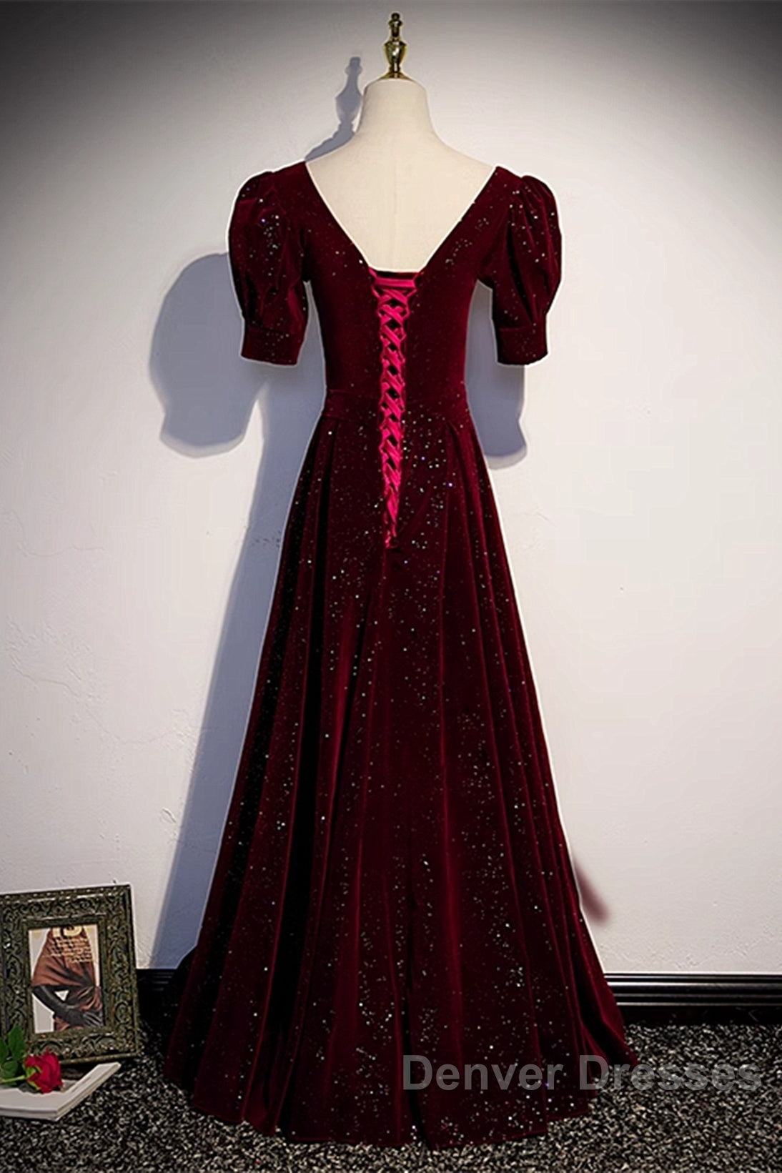 Wine Red Short Sleeves Velvet Long Formal Dress, Wine Red Evening Dress Prom Dress