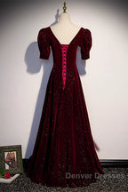 Wine Red Short Sleeves Velvet Long Formal Dress, Wine Red Evening Dress Prom Dress
