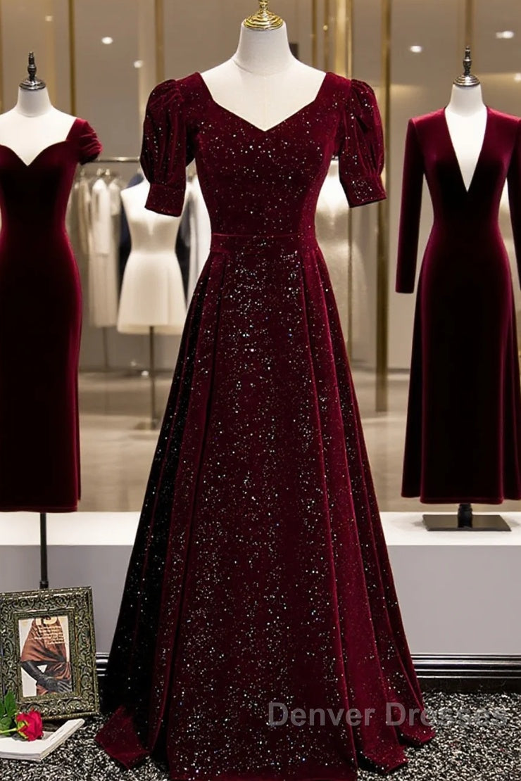 Wine Red Short Sleeves Velvet Long Formal Dress, Wine Red Evening Dress Prom Dress Main image
