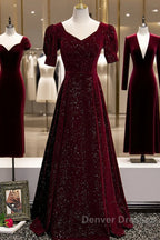 Wine Red Short Sleeves Velvet Long Formal Dress, Wine Red Evening Dress Prom Dress