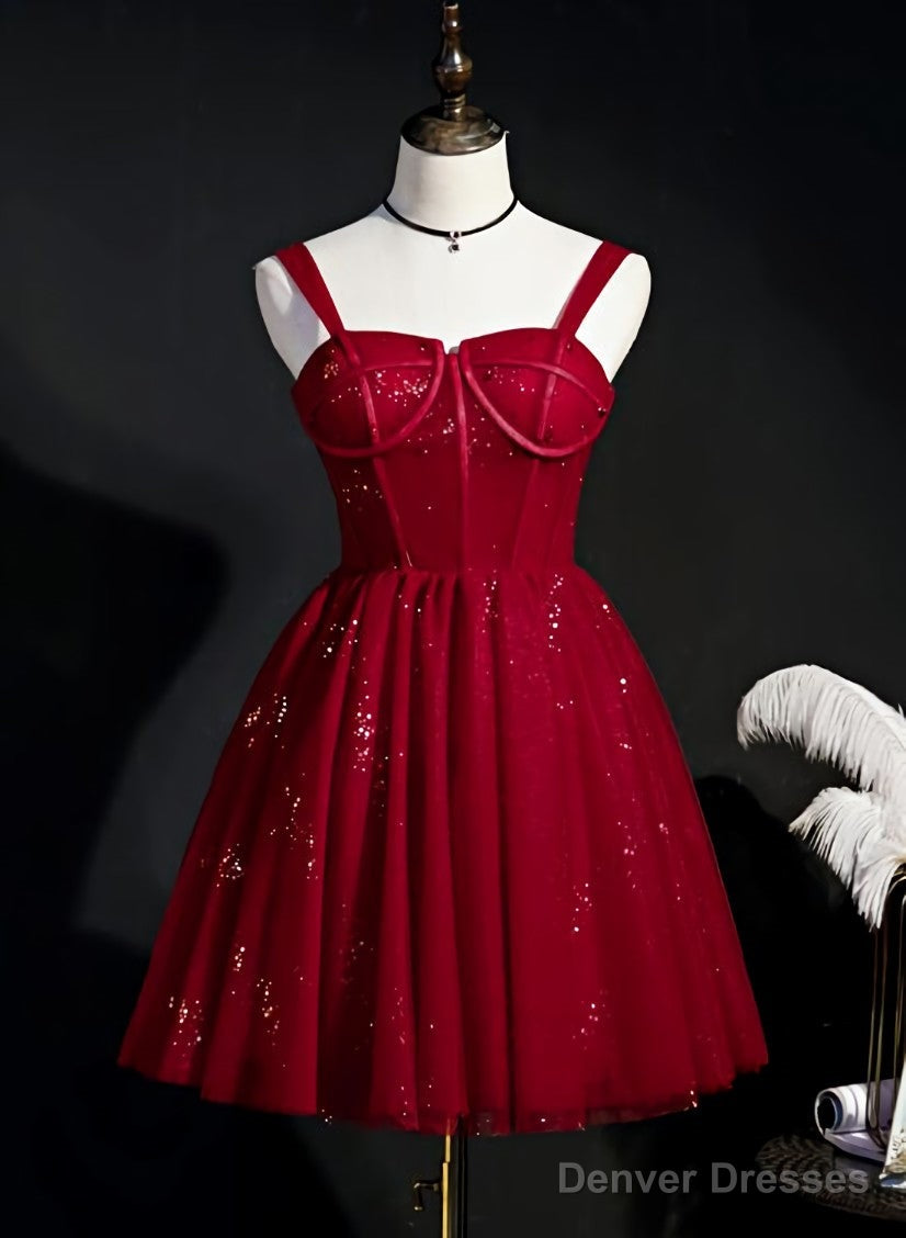 Wine Red Short Tulle Straps Cute Homecoming Dress, Wine Red Short Prom Dress Main image