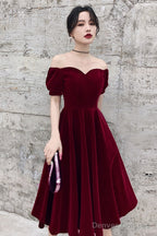 Wine Red Short Velvet Evening Dresses, Off Shoulder Prom Dresses Bridesmaid Dress