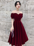 Wine Red Short Velvet Evening Dress, Off Shoulder Prom Dress Bridesmaid Dress