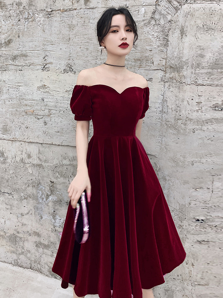 Wine Red Short Velvet Evening Dress, Off Shoulder Prom Dress Bridesmaid Dress