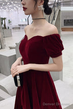 Wine Red Short Velvet Evening Dresses, Off Shoulder Prom Dresses Bridesmaid Dress