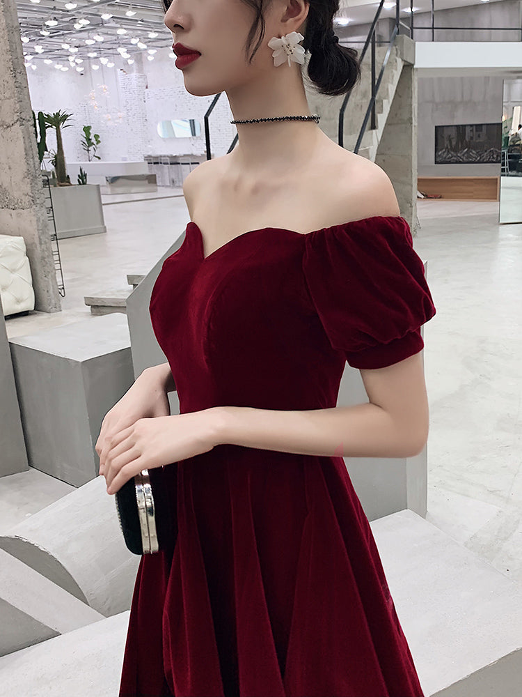 Wine Red Short Velvet Evening Dress, Off Shoulder Prom Dress Bridesmaid Dress