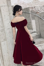 Wine Red Short Velvet Evening Dresses, Off Shoulder Prom Dresses Bridesmaid Dress