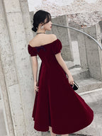 Wine Red Short Velvet Evening Dress, Off Shoulder Prom Dress Bridesmaid Dress