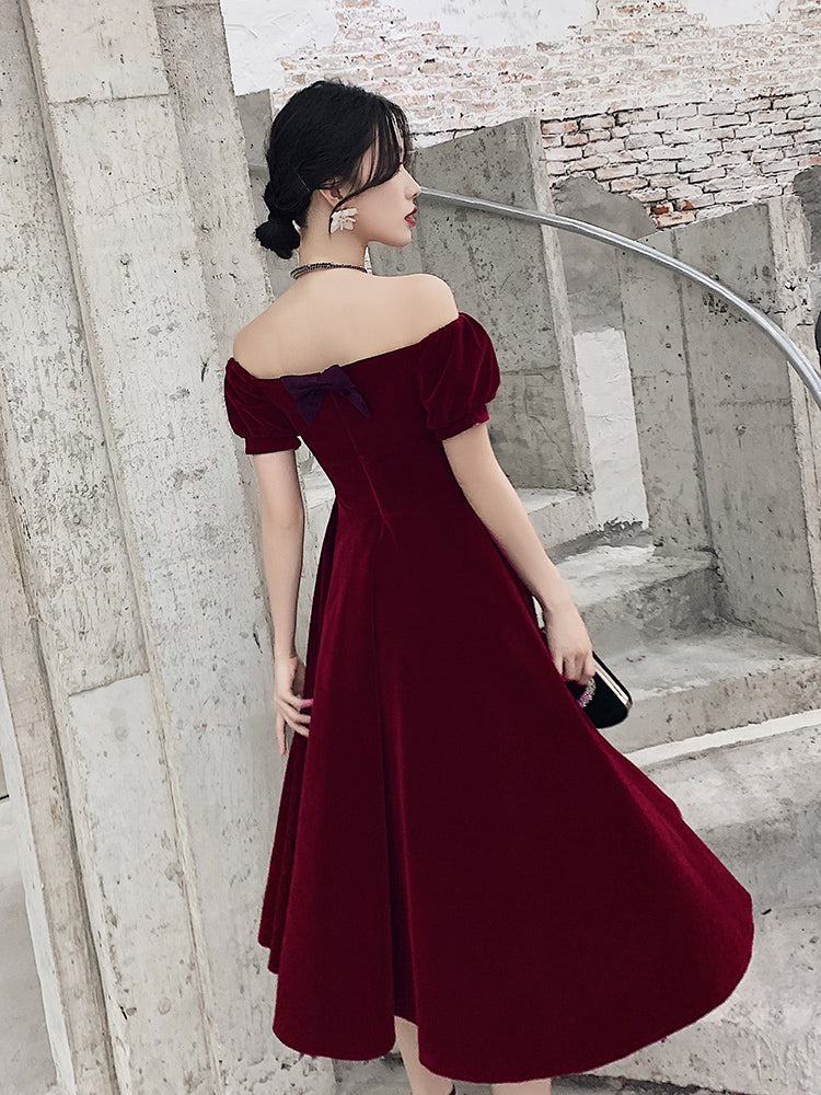 Wine Red Short Velvet Evening Dress, Off Shoulder Prom Dress Bridesmaid Dress