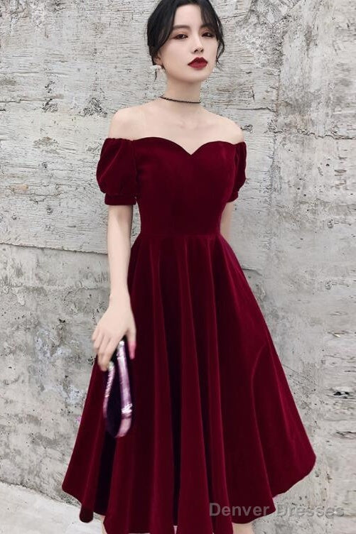 Wine Red Short Velvet Evening Dresses, Off Shoulder Prom Dresses Bridesmaid Dress