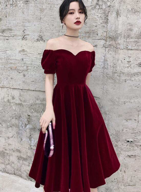 Wine Red Short Velvet Evening Dress, Off Shoulder Prom Dress Bridesmaid Dress