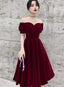 Wine Red Short Velvet Evening Dress, Off Shoulder Prom Dress Bridesmaid Dress