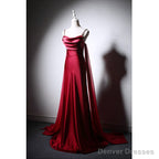 Wine Red Soft Satin Long Straps Long A-line Prom Dress, Wine Red Evening Dress