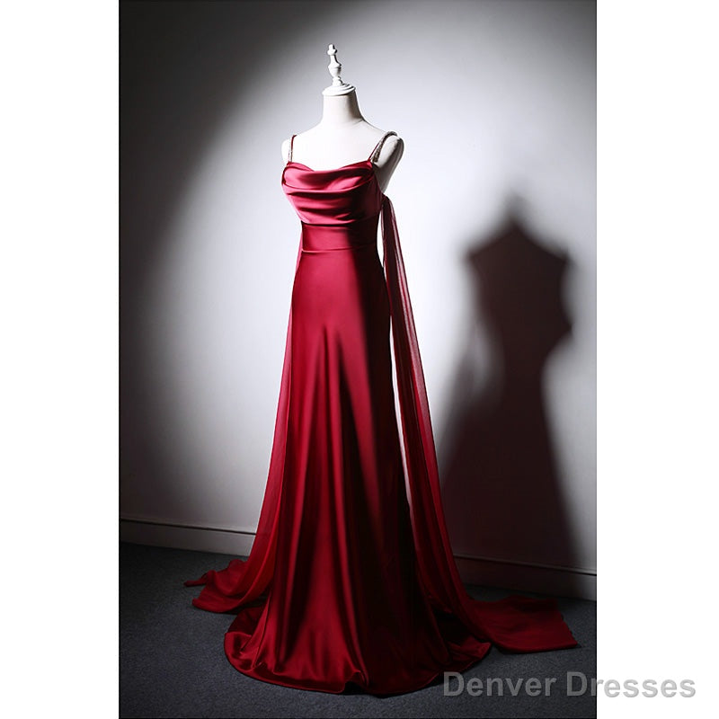 Wine Red Soft Satin Long Straps Long A-line Prom Dress, Wine Red Evening Dress