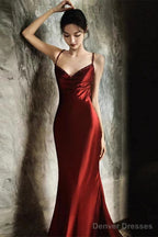 Wine Red Soft Satin Straps V-Neckline Party Dress, Wine Red Evening Dress