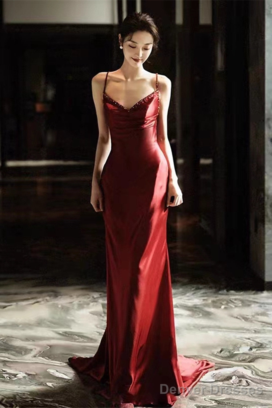 Wine Red Soft Satin Straps V-Neckline Party Dress, Wine Red Evening Dress Main image