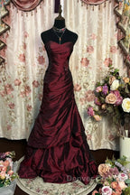Wine Red Strapless Long Taffeta Sweet 16 Dress, Wine Red Sweetheart Prom Dress Formal Gown