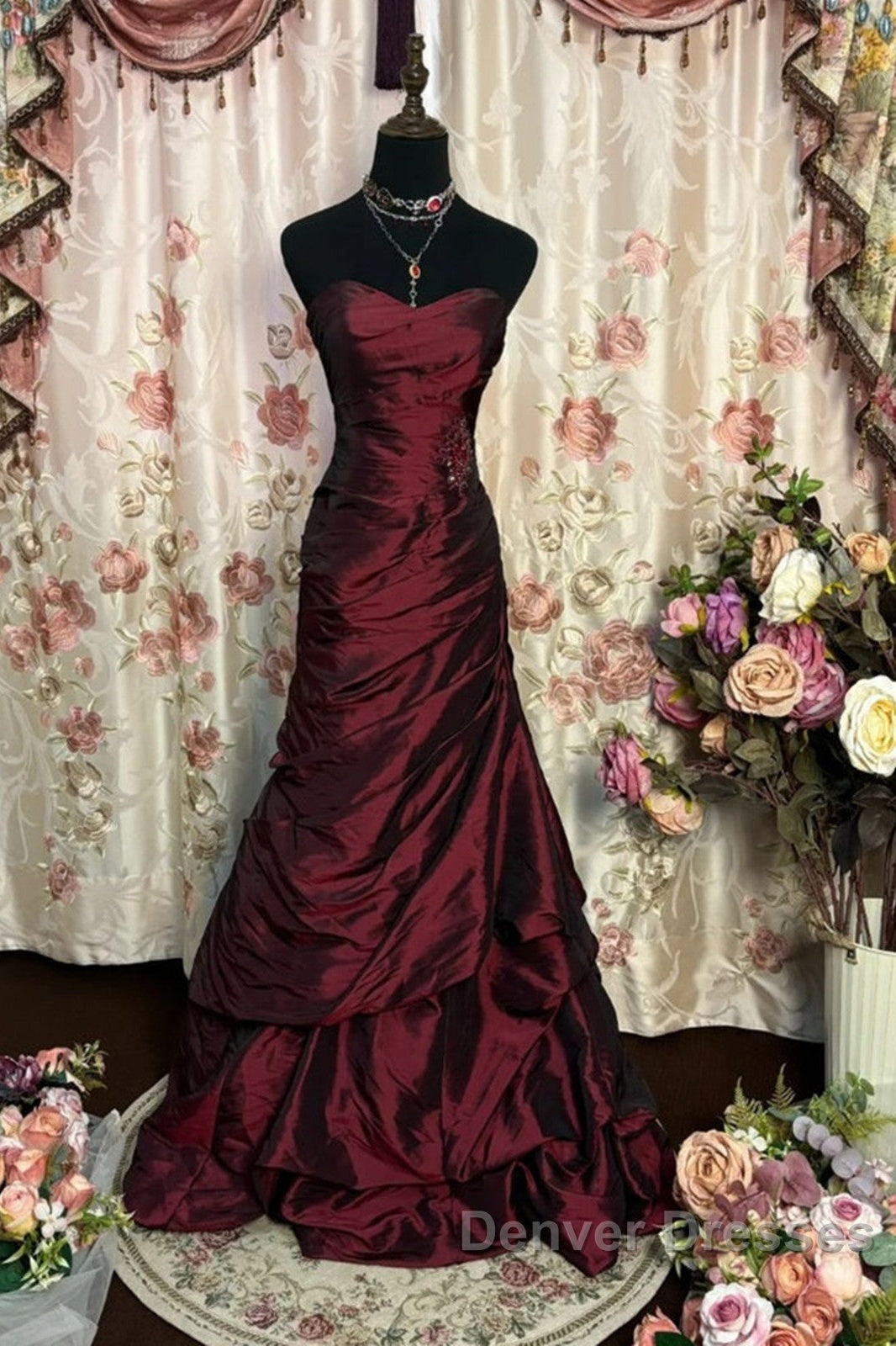 Wine Red Strapless Long Taffeta Sweet 16 Dress, Wine Red Sweetheart Prom Dress Formal Gown