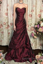 Wine Red Strapless Long Taffeta Sweet 16 Dress, Wine Red Sweetheart Prom Dress Formal Gown