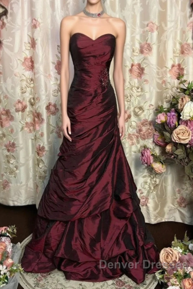 Wine Red Strapless Long Taffeta Sweet 16 Dress, Wine Red Sweetheart Prom Dress Formal Gown