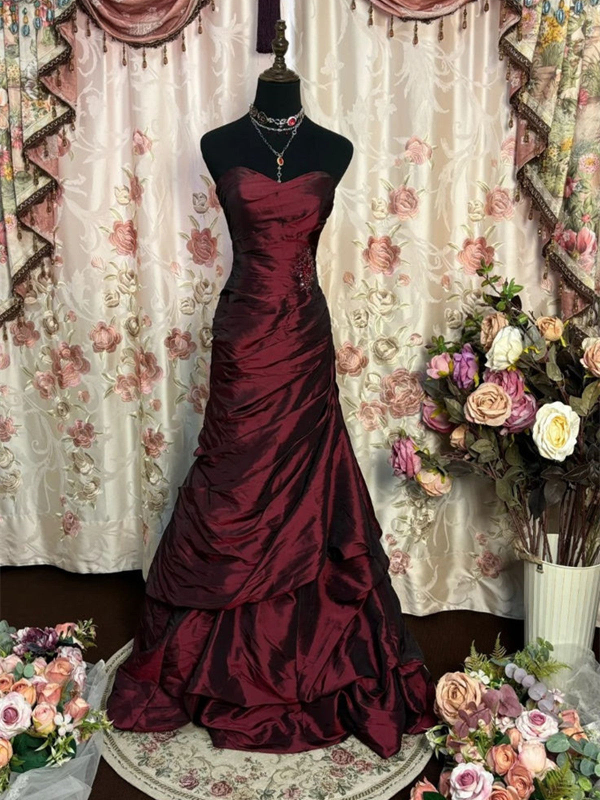 Wine Red Strapless Long Taffeta Sweet 16 Dress, Wine Red Sweetheart Prom Dress Main image