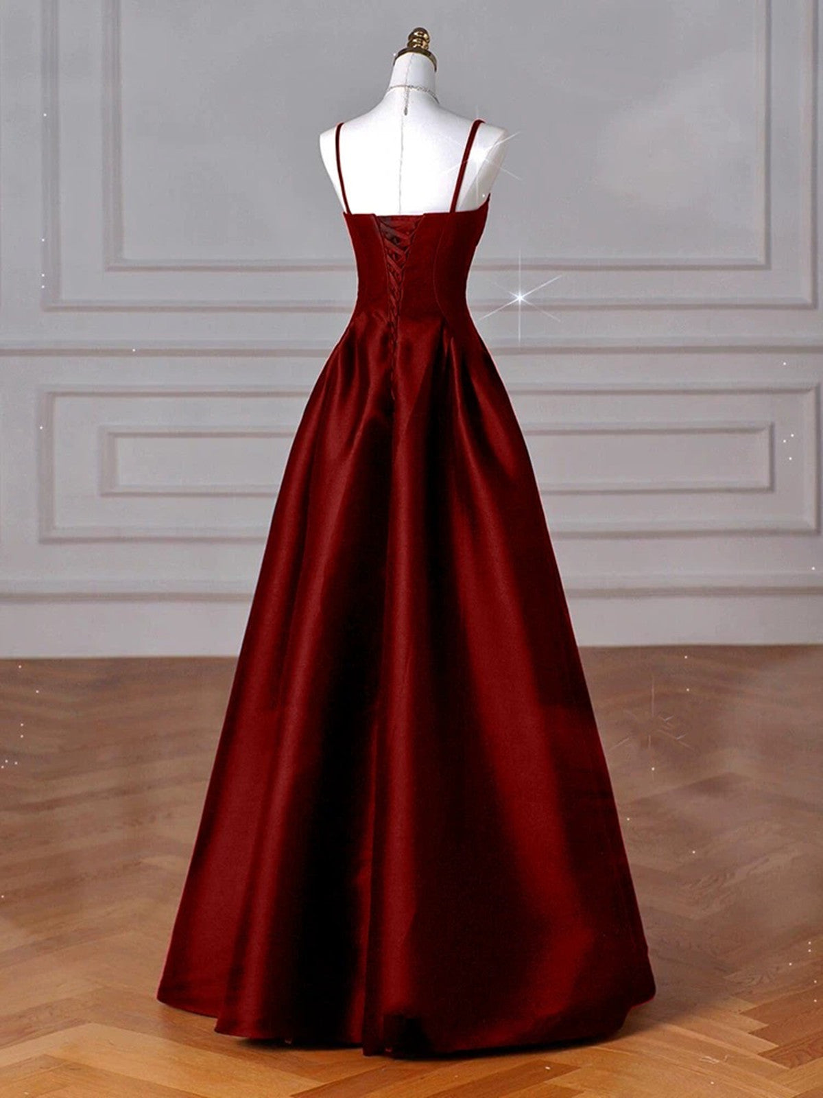 Wine Red Straps A-Line Floor Length Simple Party Dress, Wine Red Satin Prom Dress Secondary image
