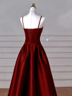 Wine Red Straps A-Line Floor Length Simple Party Dress, Wine Red Satin Prom Dress