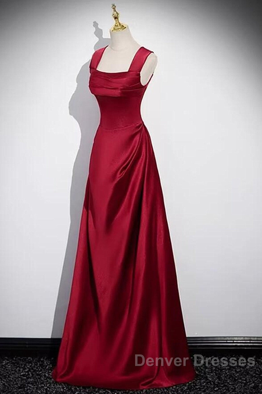 Wine Red Straps Satin Scoop Floor Length Prom Dress, Wine Red Long Evening Dress Secondary image