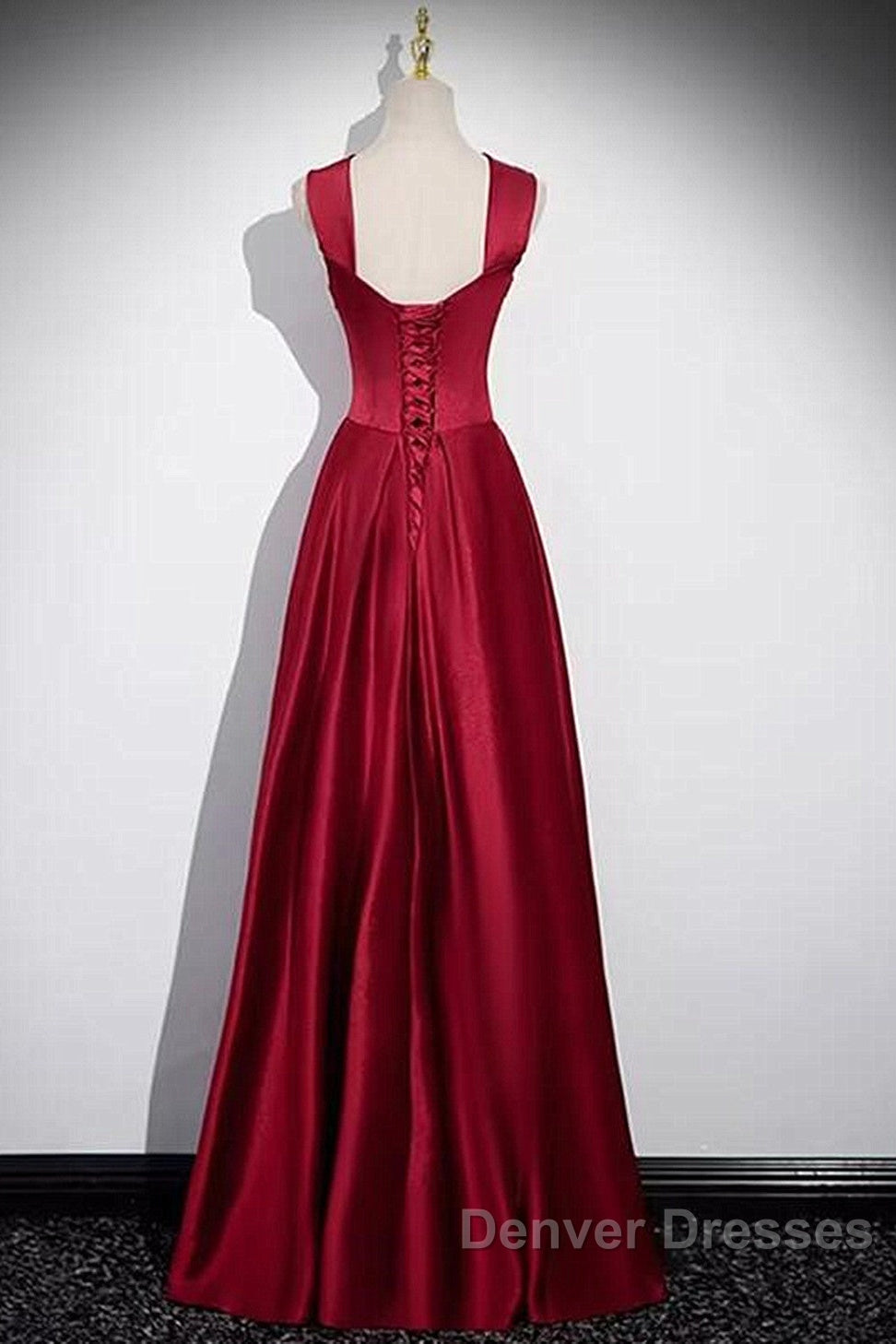 Wine Red Straps Satin Scoop Floor Length Prom Dress, Wine Red Long Evening Dress