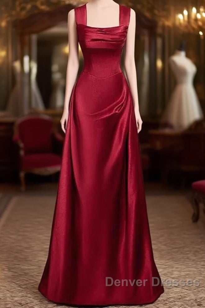 Wine Red Straps Satin Scoop Floor Length Prom Dress, Wine Red Long Evening Dress Main image