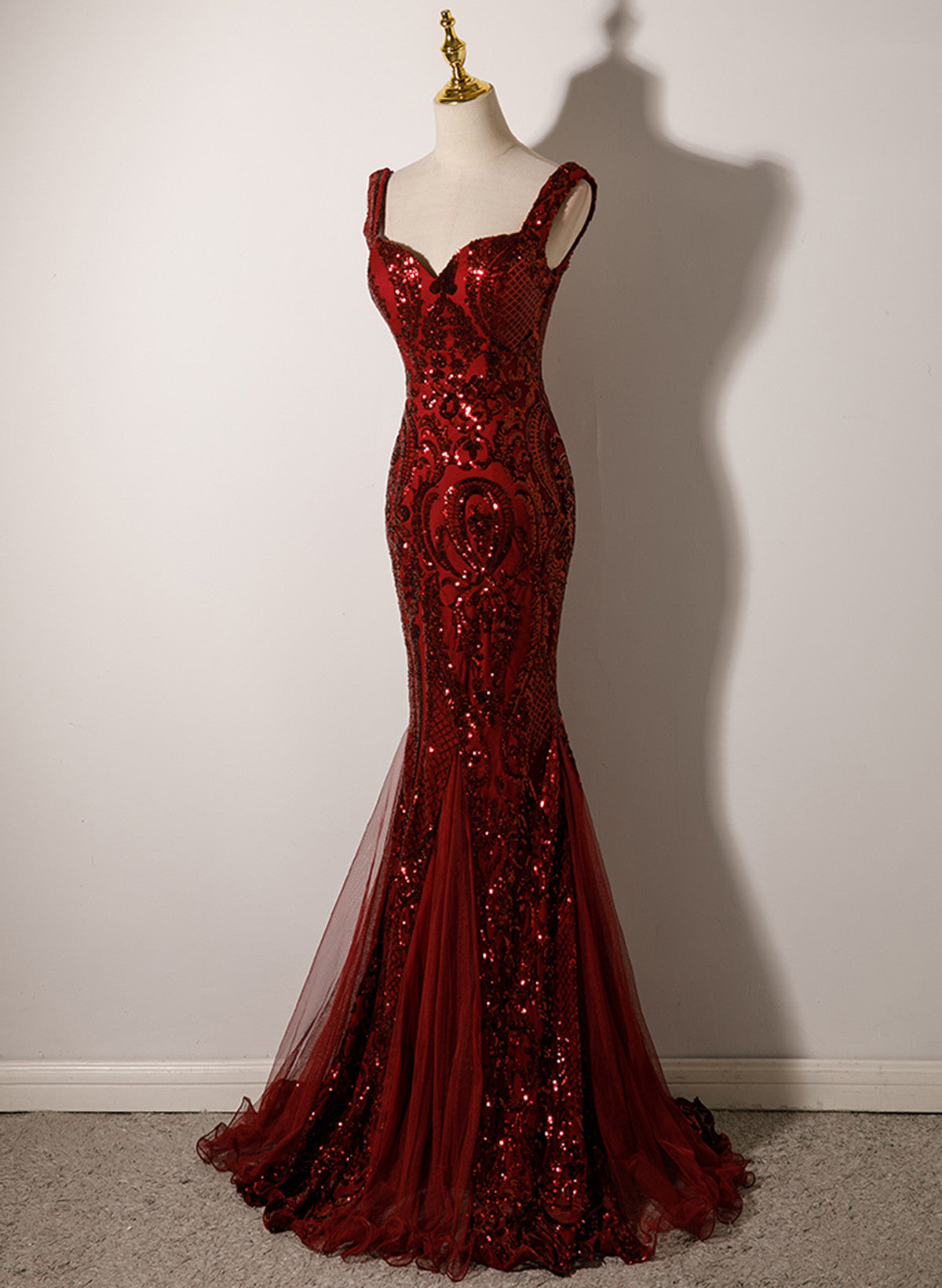 Wine Red Straps Sweetheart Mermaid Long Party Dress, Wine Red Sequins Prom Dress Main image