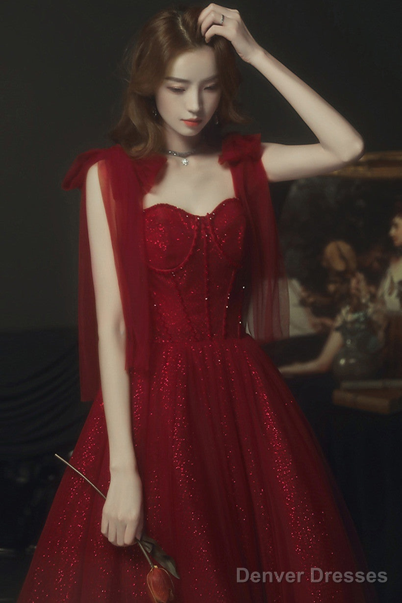 Wine Red Straps Sweetheart Shiny Tulle Party Dress, A-Line Wine Red Formal Dress Secondary image