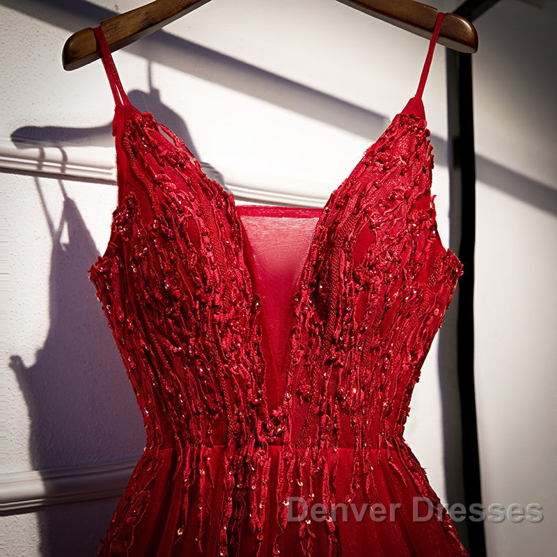 Wine Red Straps V-Neckline Lace Applique Long Prom Dress, Dark Red Formal Dress
