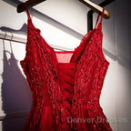 Wine Red Straps V-Neckline Lace Applique Long Prom Dress, Dark Red Formal Dress