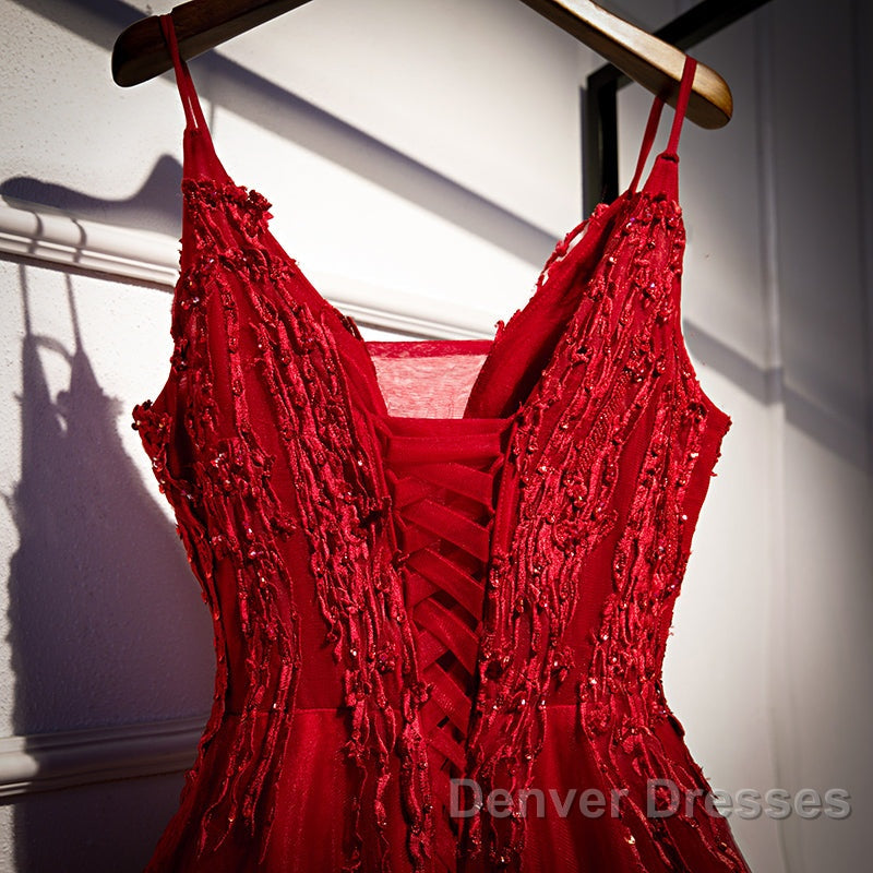 Wine Red Straps V-Neckline Lace Applique Long Prom Dress, Dark Red Formal Dress