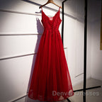 Wine Red Straps V-Neckline Lace Applique Long Prom Dress, Dark Red Formal Dress