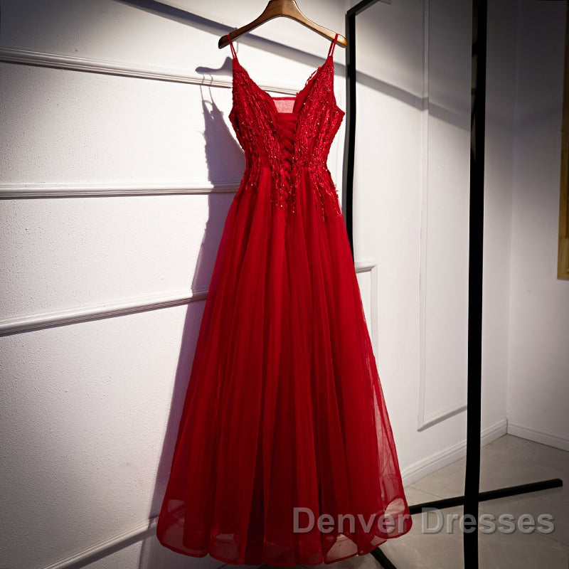 Wine Red Straps V-Neckline Lace Applique Long Prom Dress, Dark Red Formal Dress