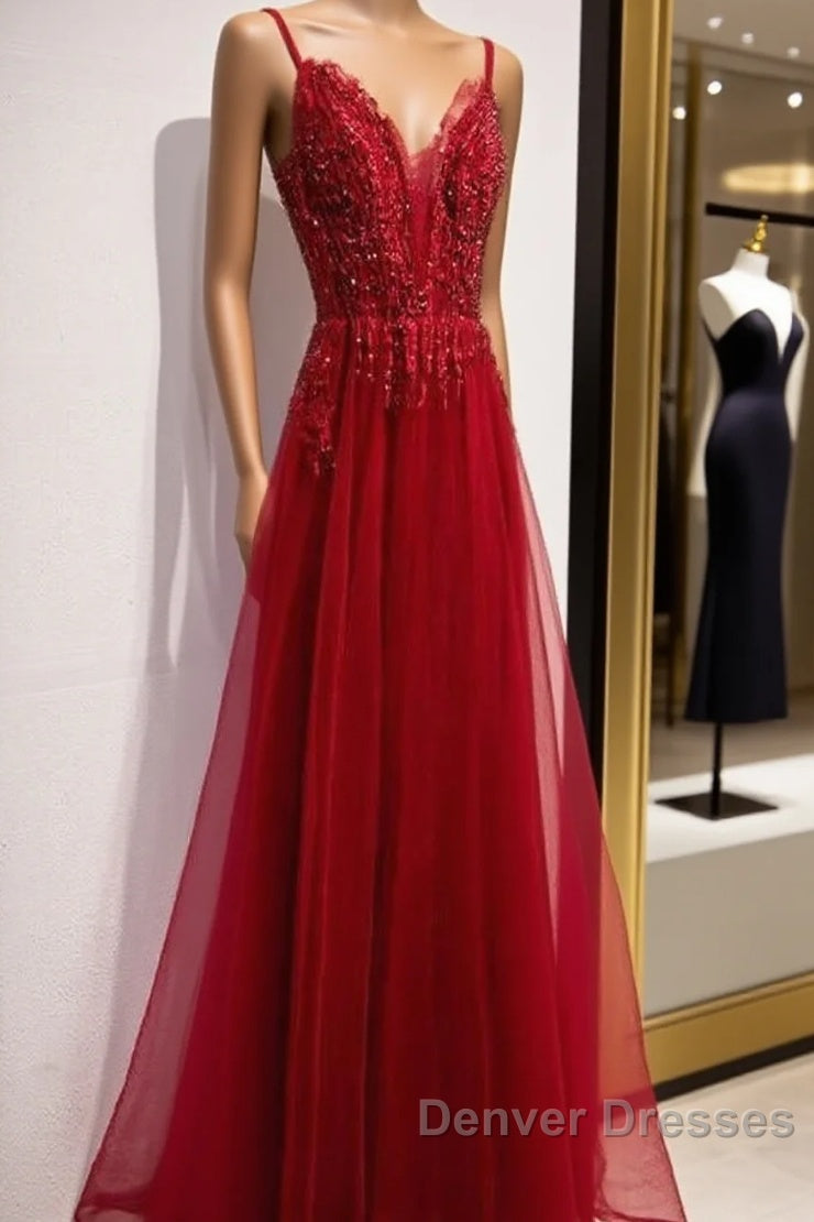 Wine Red Straps V-Neckline Lace Applique Long Prom Dress, Dark Red Formal Dress Main image