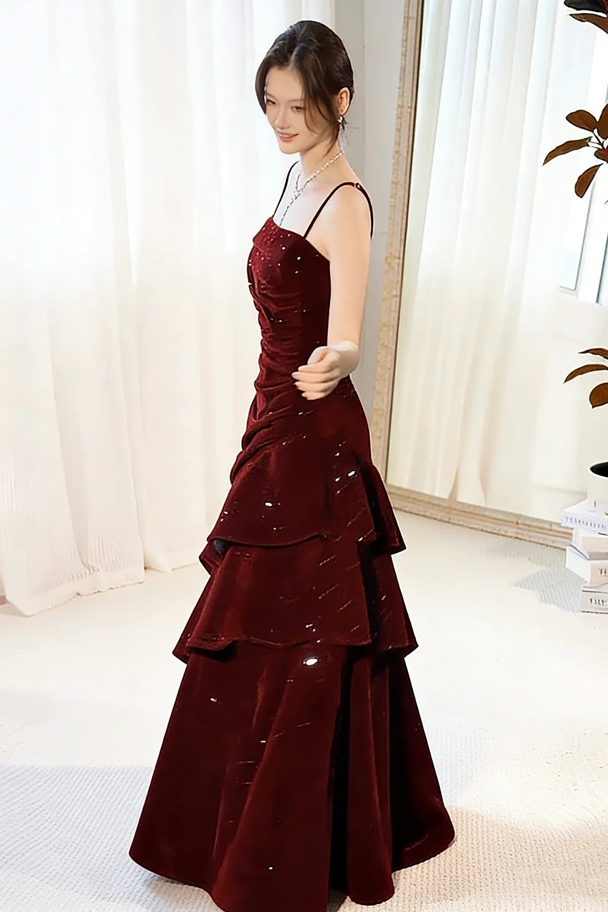 Wine Red Straps Velvet Long Formal Dress, Wine Red Velvet Layers Prom Dress Evening Dress